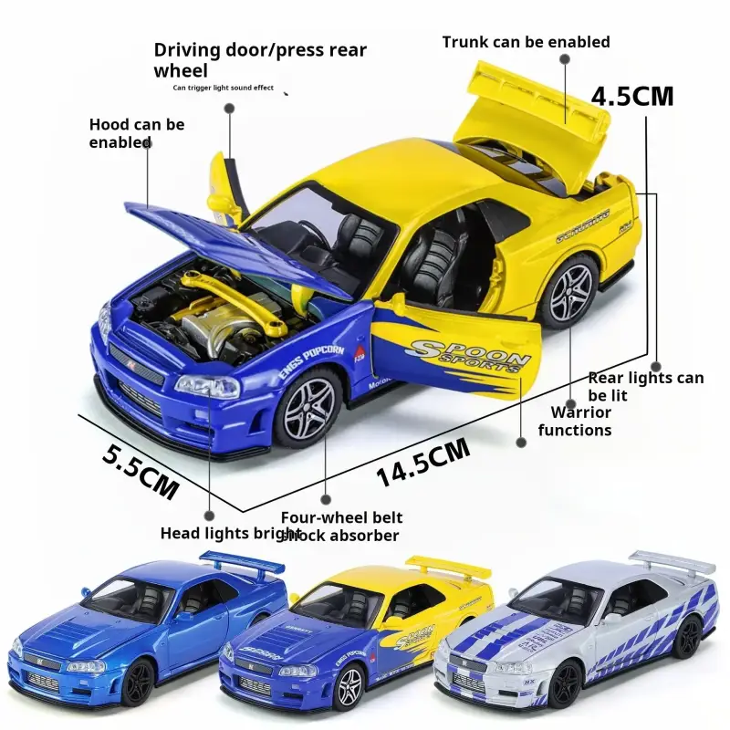 Nissan GTR R34 Skyline 1:32 Model Samochodu Metalowy Dźwięk i Światło