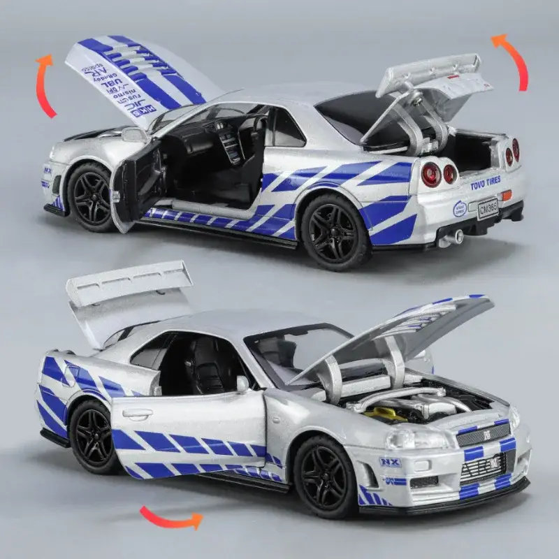 Nissan GTR R34 Skyline 1:32 Model Samochodu Metalowy Dźwięk i Światło
