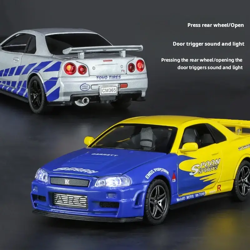 Nissan GTR R34 Skyline 1:32 Model Samochodu Metalowy Dźwięk i Światło