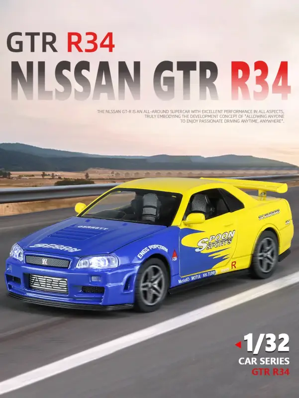 Nissan GTR R34 Skyline 1:32 Model Samochodu Metalowy Dźwięk i Światło