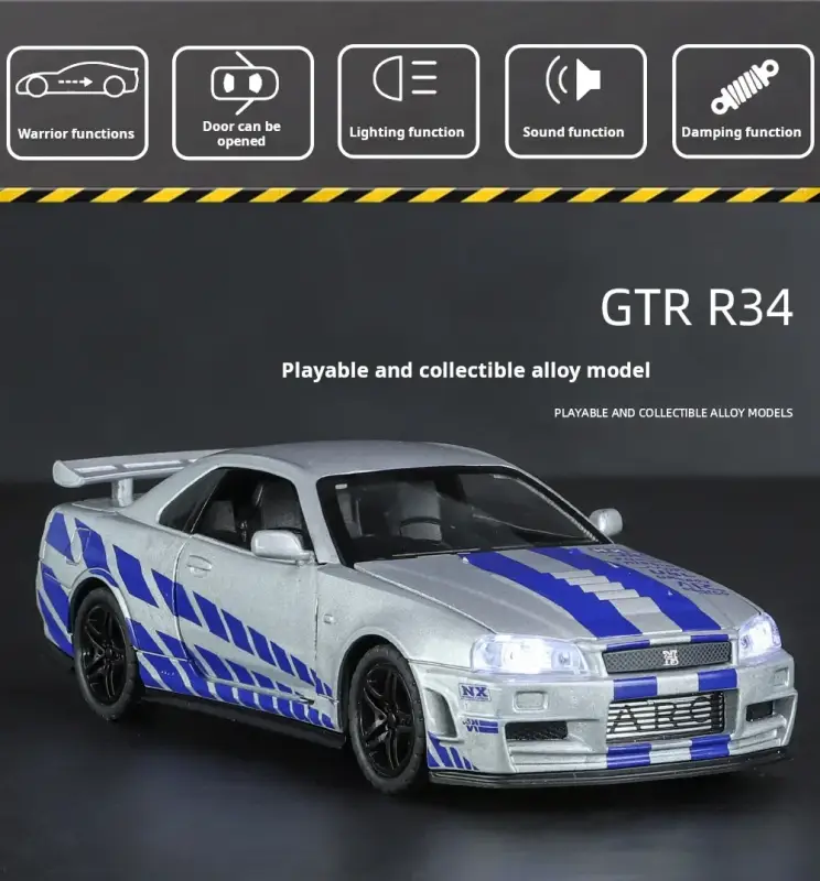 Nissan GTR R34 Skyline 1:32 Model Samochodu Metalowy Dźwięk i Światło