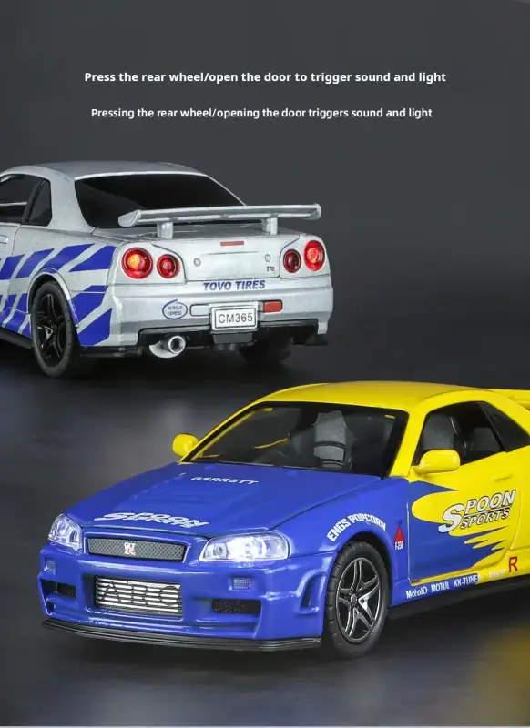 Nissan GTR R34 Skyline 1:32 Model Samochodu Metalowy Dźwięk i Światło