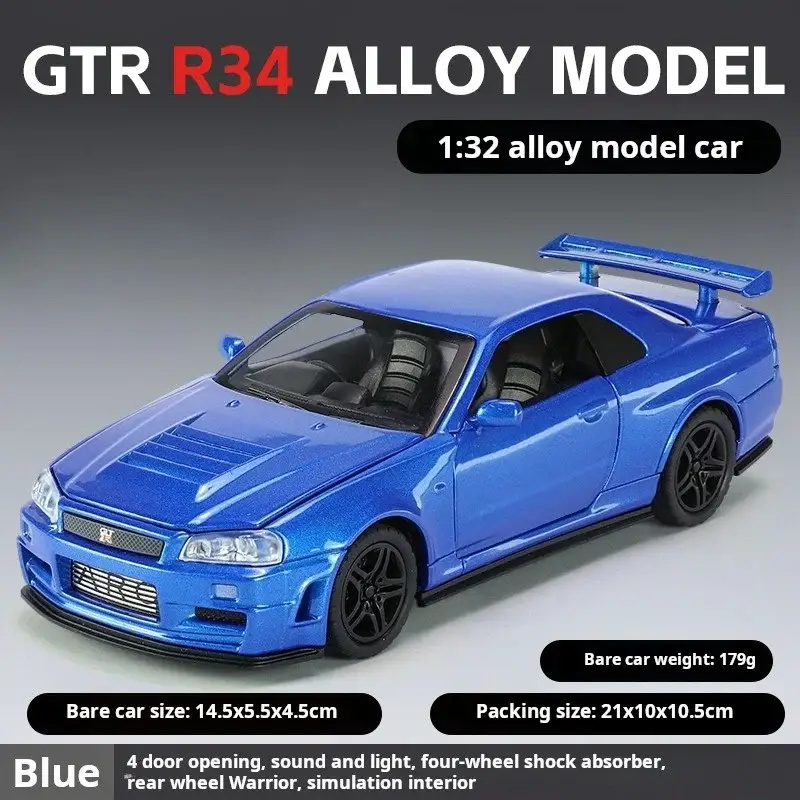Nissan GTR R34 Skyline 1:32 Model Samochodu Metalowy Dźwięk i Światło