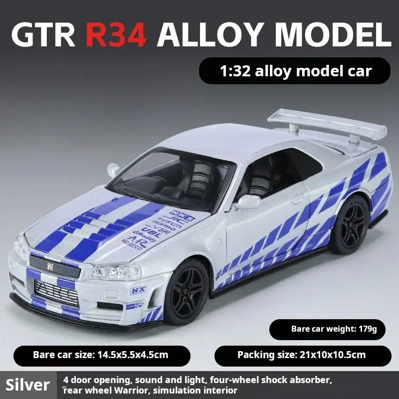 Nissan GTR R34 Skyline 1:32 Model Samochodu Metalowy Dźwięk i Światło