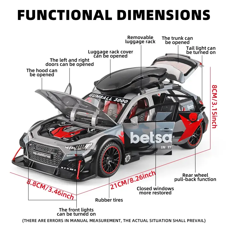 Audi RS6 1:24 Model Samochodu Metalowy Dźwięk Mechanizm Cofania