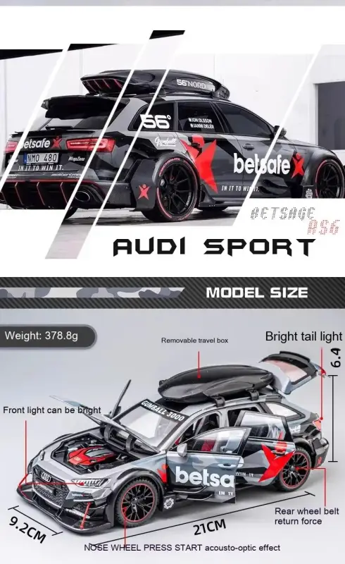 Audi RS6 1:24 Model Samochodu Metalowy Dźwięk Mechanizm Cofania