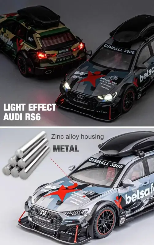Audi RS6 1:24 Model Samochodu Metalowy Dźwięk Mechanizm Cofania