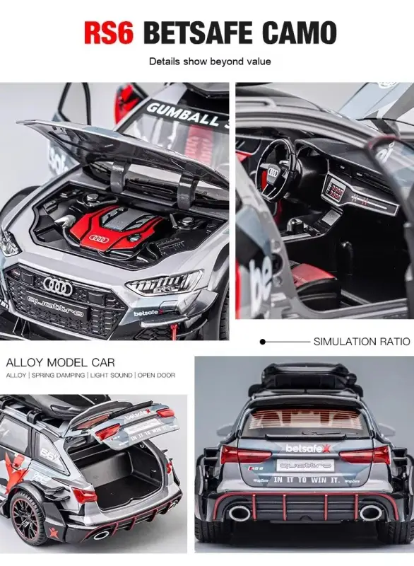 Audi RS6 1:24 Model Samochodu Metalowy Dźwięk Mechanizm Cofania
