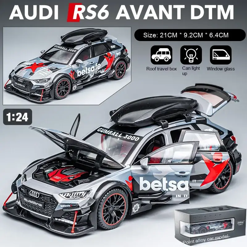 Audi RS6 1:24 Model Samochodu Metalowy Dźwięk Mechanizm Cofania
