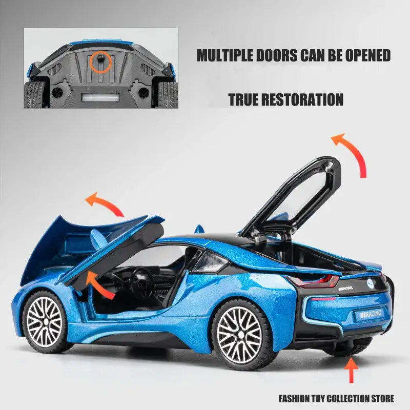 BMW i8 1:32 Model Samochodu Metalowy Dźwięk i Światło