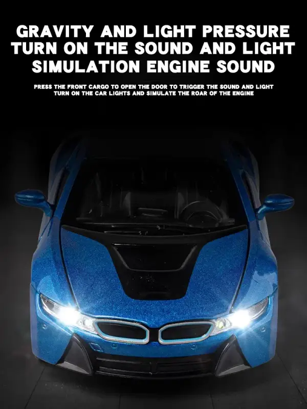 BMW i8 1:32 Model Samochodu Metalowy Dźwięk i Światło