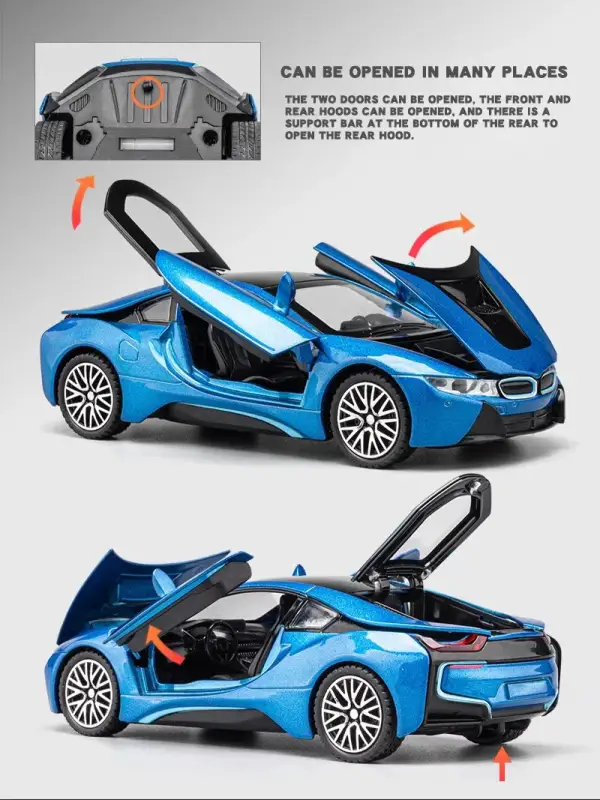 BMW i8 1:32 Model Samochodu Metalowy Dźwięk i Światło