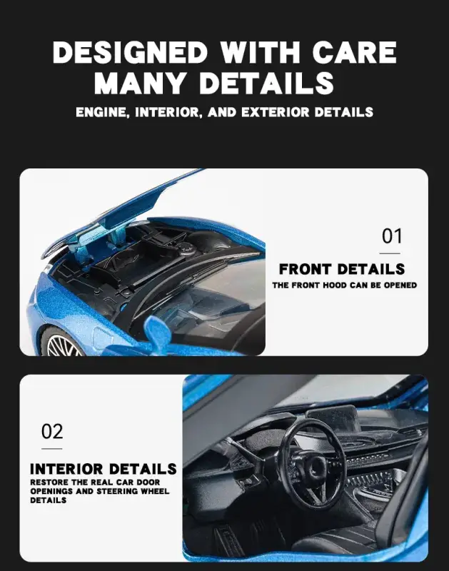 BMW i8 1:32 Model Samochodu Metalowy Dźwięk i Światło