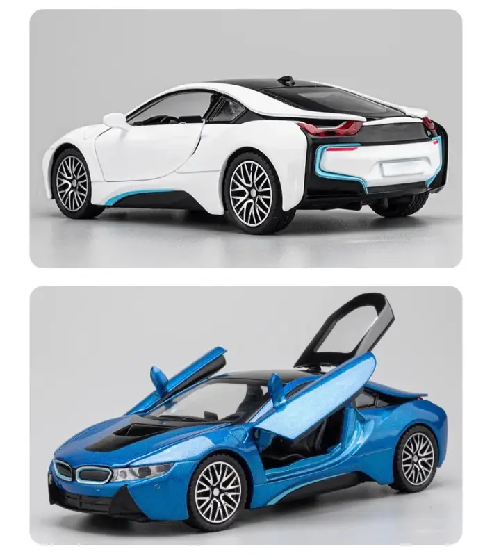 BMW i8 1:32 Model Samochodu Metalowy Dźwięk i Światło