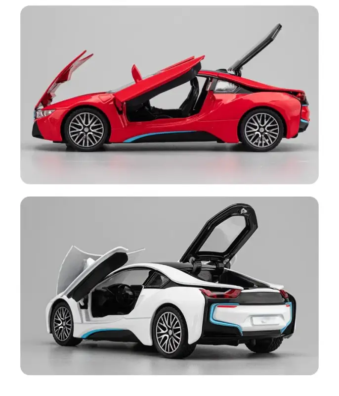 BMW i8 1:32 Model Samochodu Metalowy Dźwięk i Światło