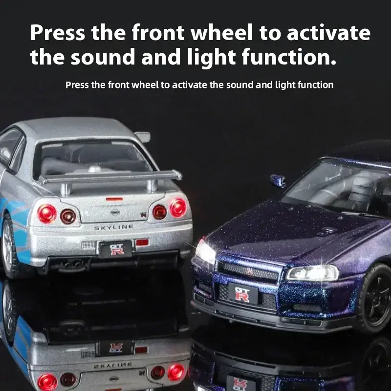 Nissan GTR R34 Skyline 1:32 Model Samochodu Metalowy Dźwięk i Światło