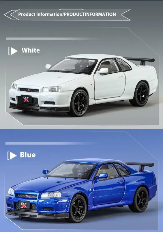 Nissan GTR R34 Skyline 1:32 Model Samochodu Metalowy Dźwięk i Światło
