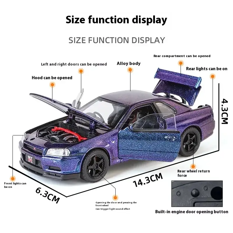 Nissan GTR R34 Skyline 1:32 Model Samochodu Metalowy Dźwięk i Światło