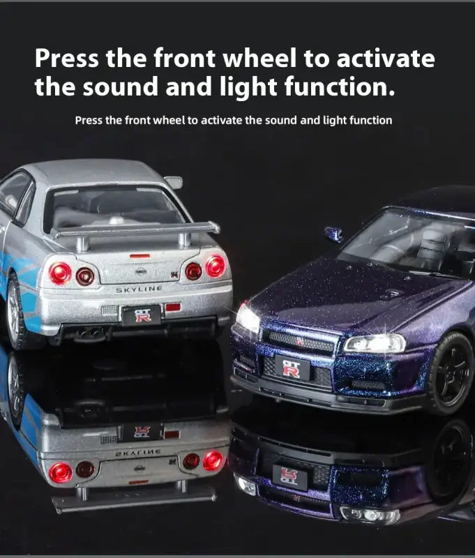 Nissan GTR R34 Skyline 1:32 Model Samochodu Metalowy Dźwięk i Światło