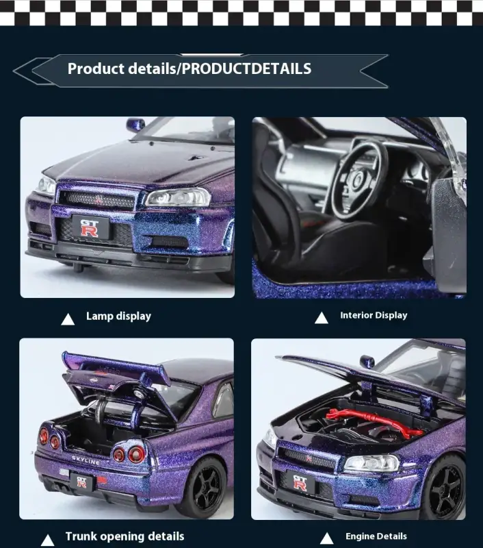 Nissan GTR R34 Skyline 1:32 Model Samochodu Metalowy Dźwięk i Światło