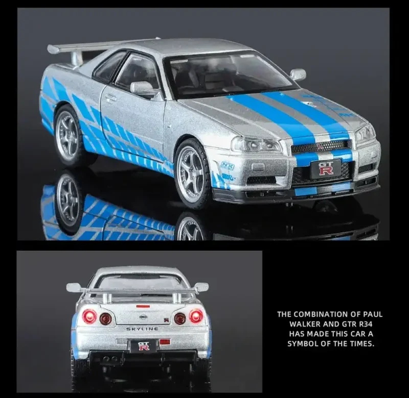 Nissan GTR R34 Skyline 1:32 Model Samochodu Metalowy Dźwięk i Światło