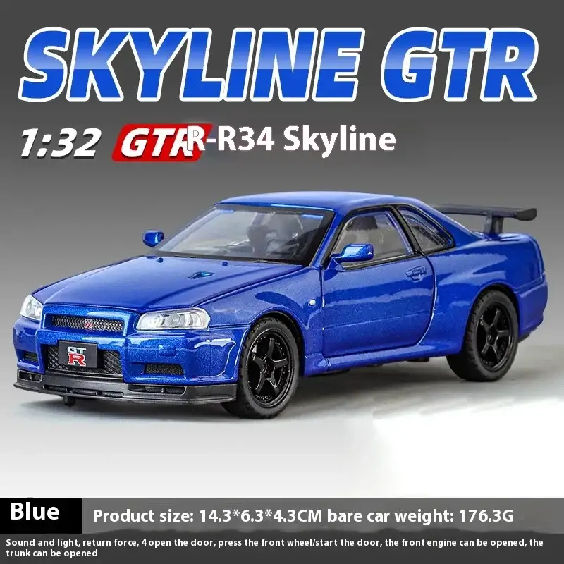 Nissan GTR R34 Skyline 1:32 Model Samochodu Metalowy Dźwięk i Światło