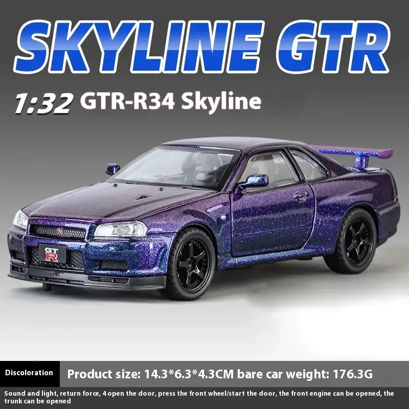 Nissan GTR R34 Skyline 1:32 Model Samochodu Metalowy Dźwięk i Światło