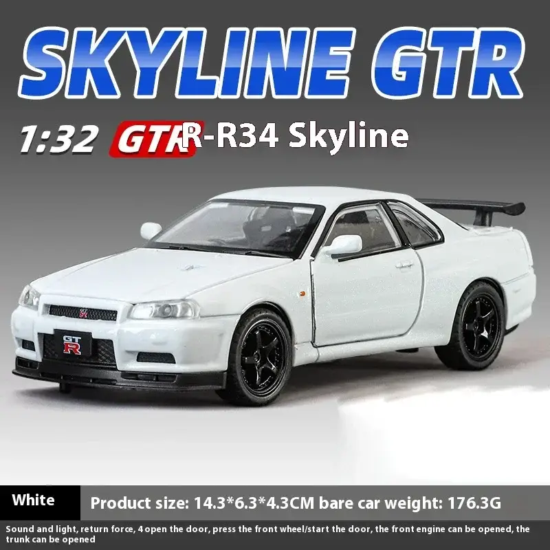 Nissan GTR R34 Skyline 1:32 Model Samochodu Metalowy Dźwięk i Światło