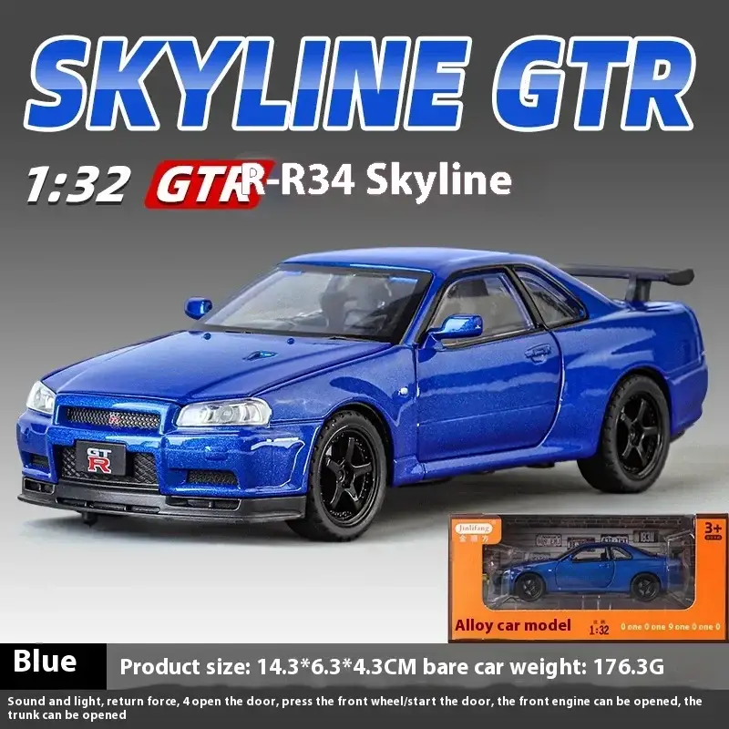 Nissan GTR R34 Skyline 1:32 Model Samochodu Metalowy Dźwięk i Światło
