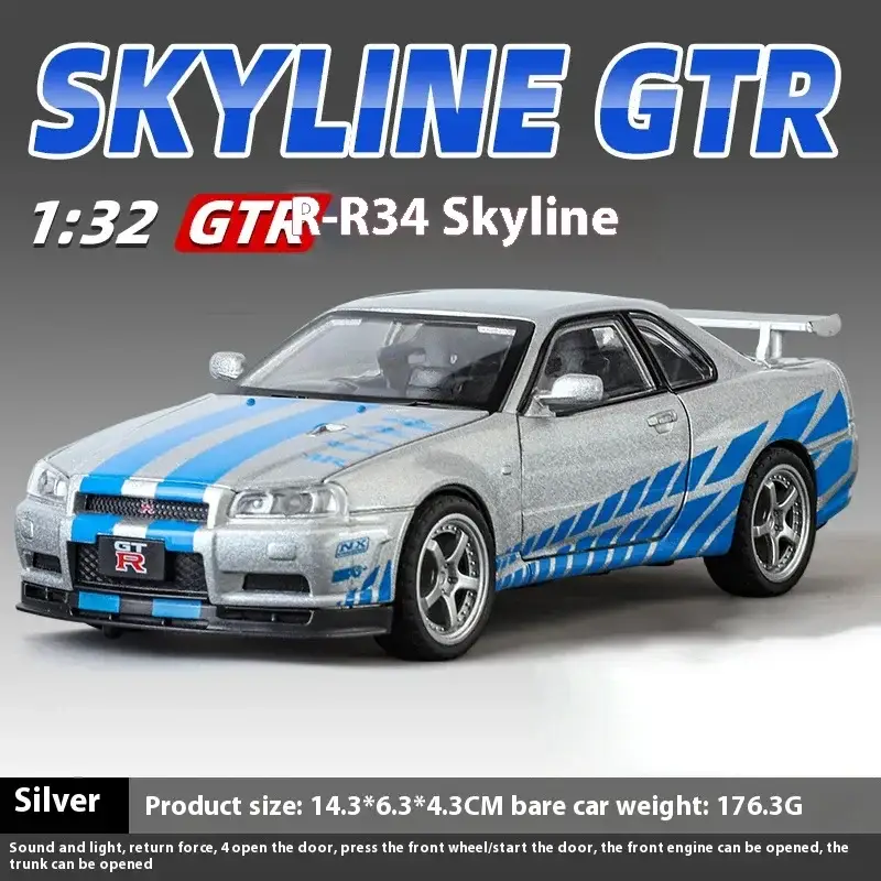 Nissan GTR R34 Skyline 1:32 Model Samochodu Metalowy Dźwięk i Światło