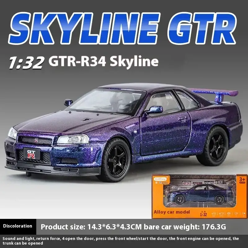 Nissan GTR R34 Skyline 1:32 Model Samochodu Metalowy Dźwięk i Światło
