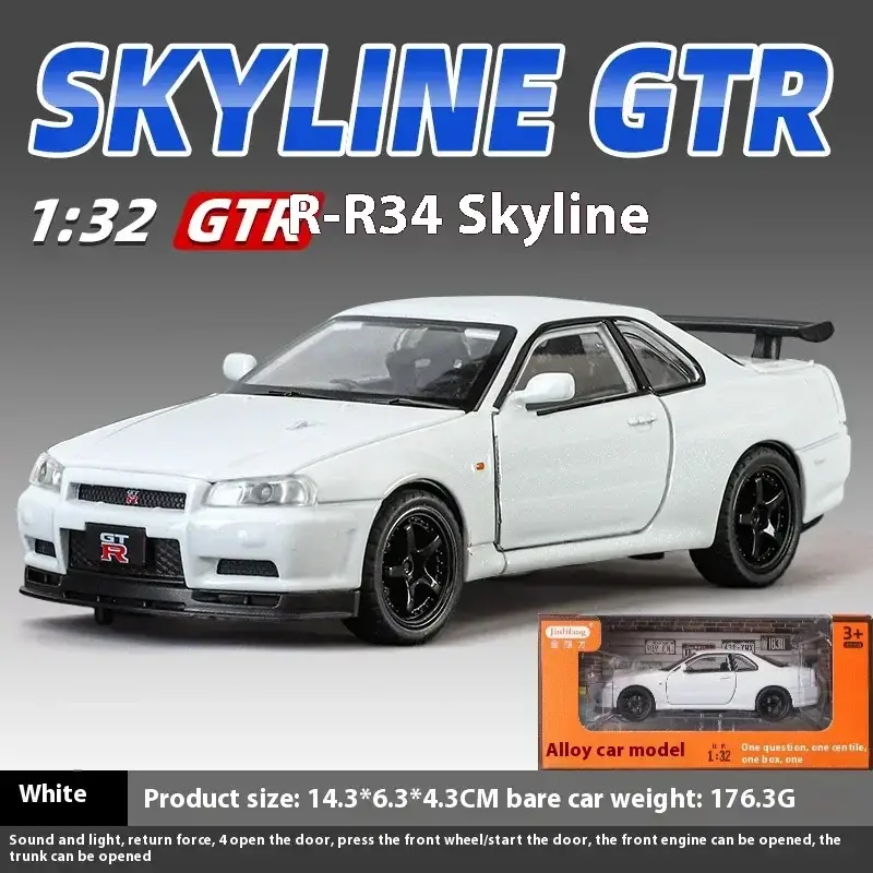 Nissan GTR R34 Skyline 1:32 Model Samochodu Metalowy Dźwięk i Światło