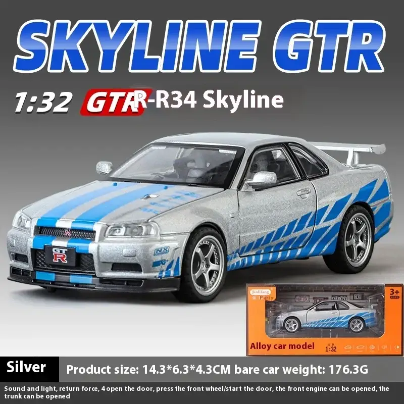 Nissan GTR R34 Skyline 1:32 Model Samochodu Metalowy Dźwięk i Światło