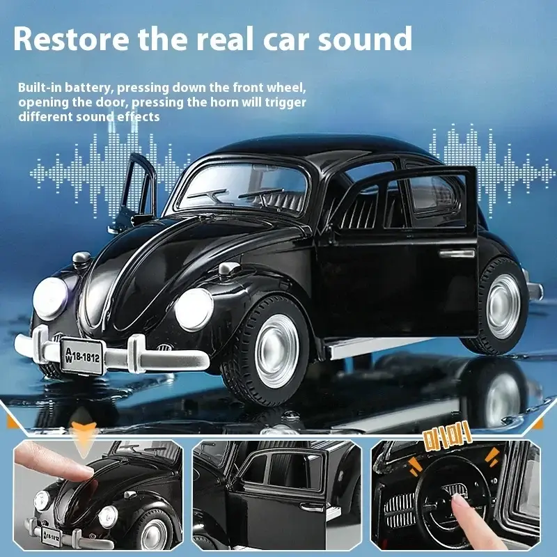 Volkswagen Beetle 1955 1:18 Model Samochodu Metalowy Dźwięk i Światło