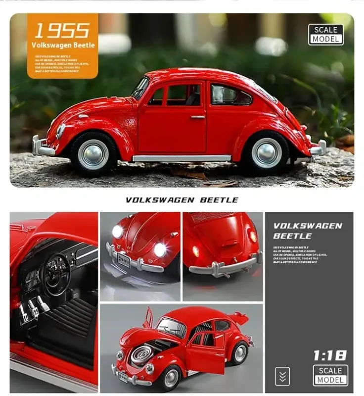 Volkswagen Beetle 1955 1:18 Model Samochodu Metalowy Dźwięk i Światło