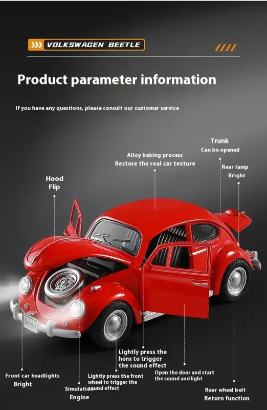 Volkswagen Beetle 1955 1:18 Model Samochodu Metalowy Dźwięk i Światło