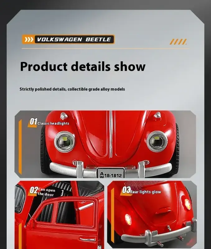 Volkswagen Beetle 1955 1:18 Model Samochodu Metalowy Dźwięk i Światło