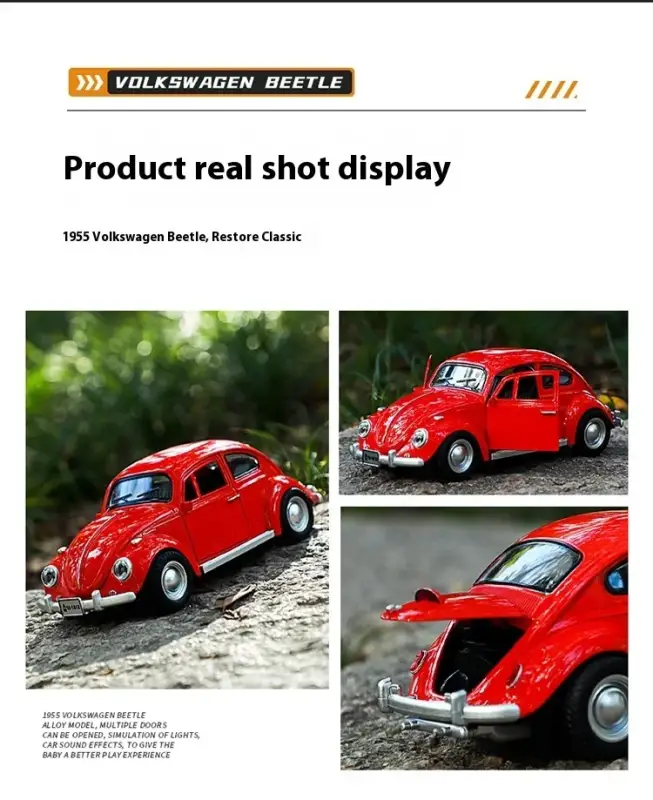 Volkswagen Beetle 1955 1:18 Model Samochodu Metalowy Dźwięk i Światło