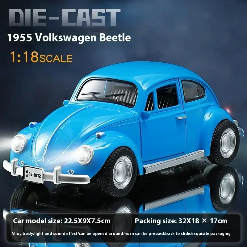 Volkswagen Beetle 1955 1:18 Model Samochodu Metalowy Dźwięk i Światło