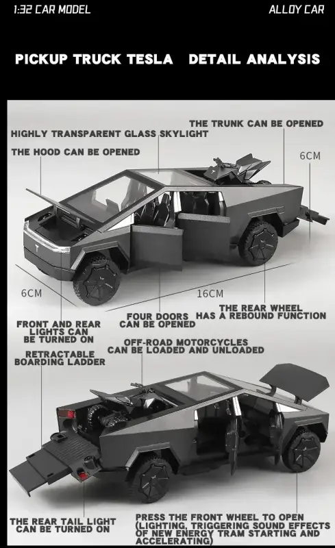 Tesla Cybertruck 1:32 Model Samochodu Metalowy