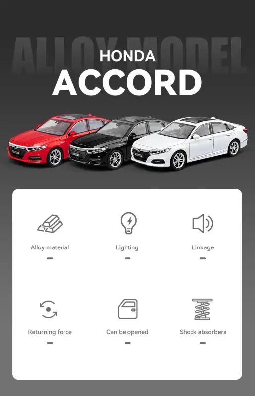 Honda Accord 1:24 Model Samochodu Metalowy Dźwięk i Światło