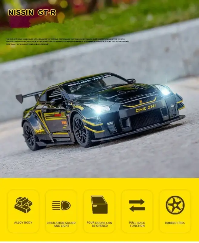 Nissan GTR R34 R35 Skyline Ares 1:24 Model Samochodu Metalowy Dźwięk i Światło