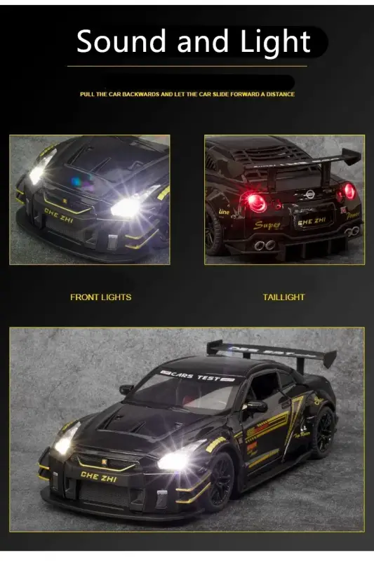 Nissan GTR R34 R35 Skyline Ares 1:24 Model Samochodu Metalowy Dźwięk i Światło