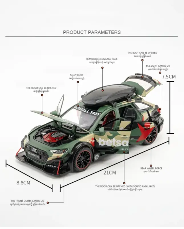 Audi RS6 1:24 Model Samochodu Metalowy Dźwięk i Światło