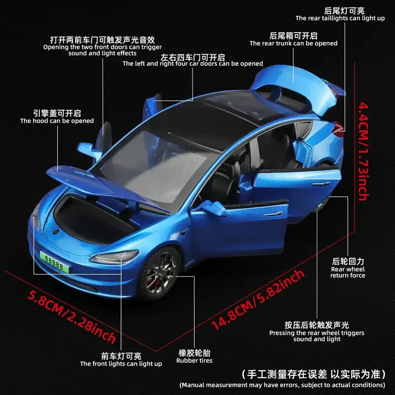 Tesla Model 3 2024 1:32 Model Samochodu Metalowy Dźwięk i Światło