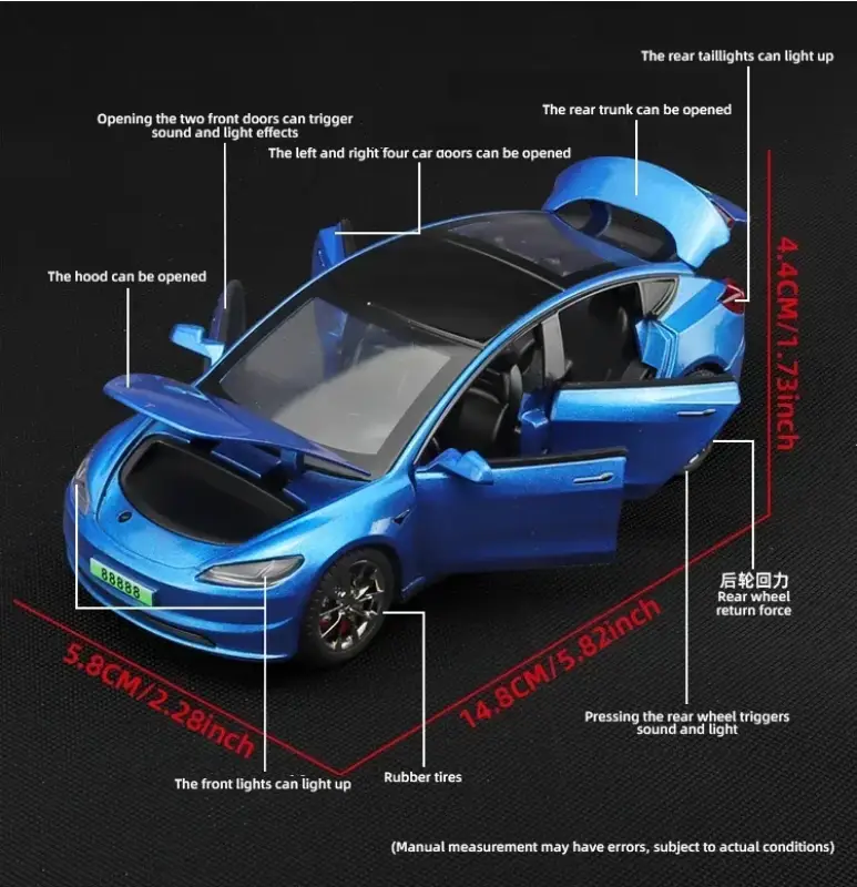 Tesla Model 3 2024 1:32 Model Samochodu Metalowy Dźwięk i Światło