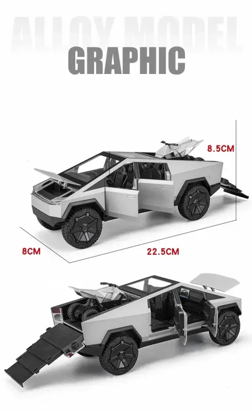 Tesla Cybertruck 1:24 Model Samochodu Metalowy Dźwięk i Światło