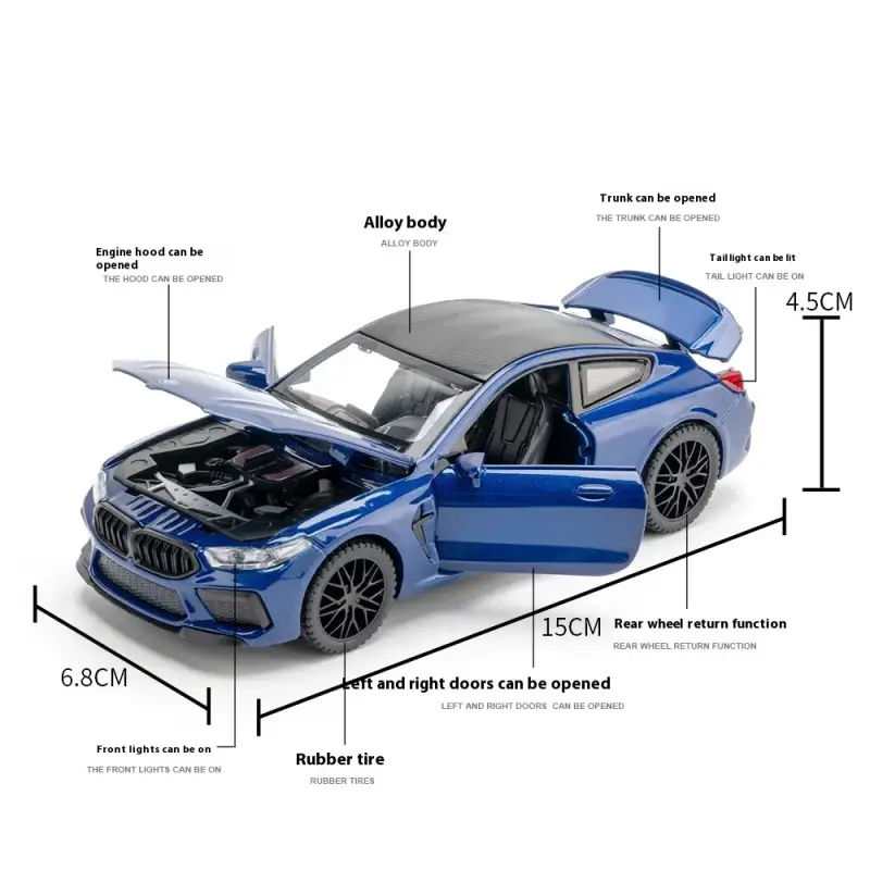 BMW M8 1:32 Model Samochodu Metalowy Dźwięk i Światło