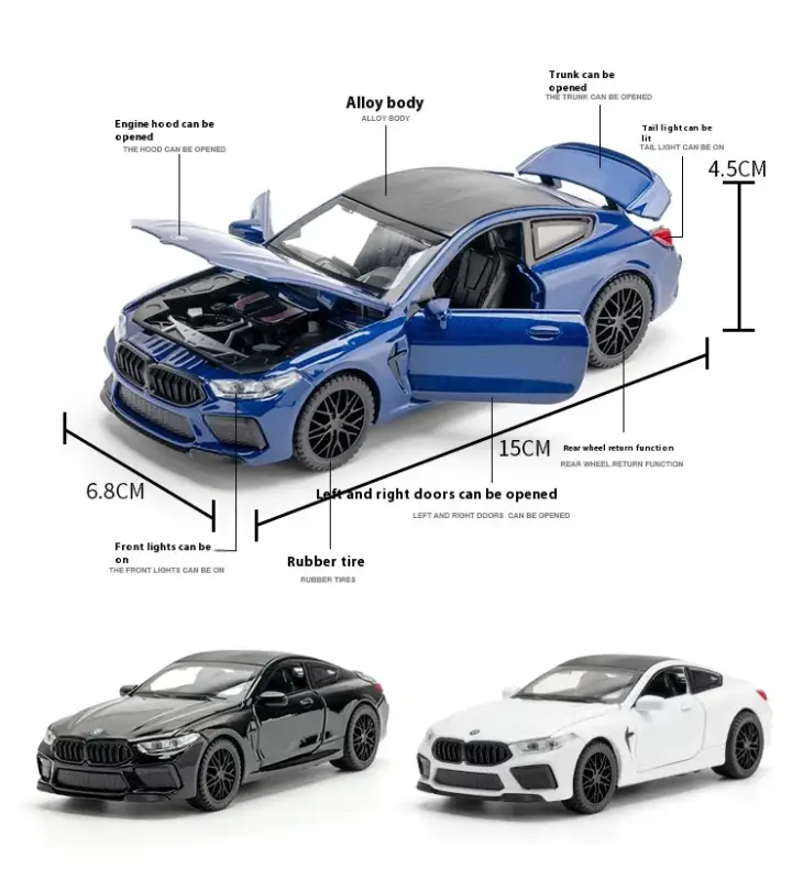 BMW M8 1:32 Model Samochodu Metalowy Dźwięk i Światło