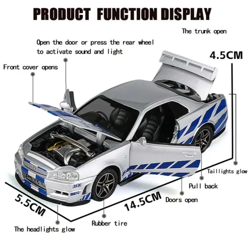 Nissan Skyline GTR R34 Ares 1:32 Model Samochodu Metalowy Dźwięk i Światło